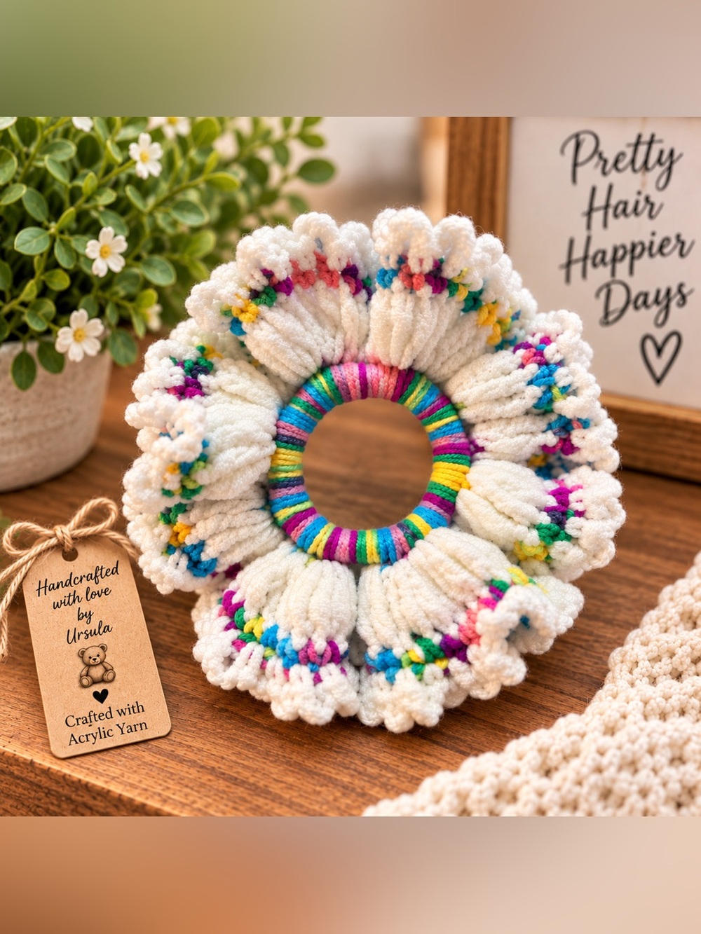 White Multicolor Crochet Scrunchie Hair Accessory